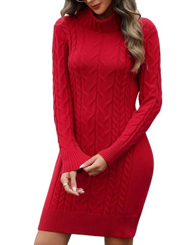 heekpek Strickkleid Damen Herbst Winter Rollkragen Pulloverkleid Langarm Strickkleider Elegant Bodycon Kleid Zopfmuster Warme Winterkleider, Burgund,...