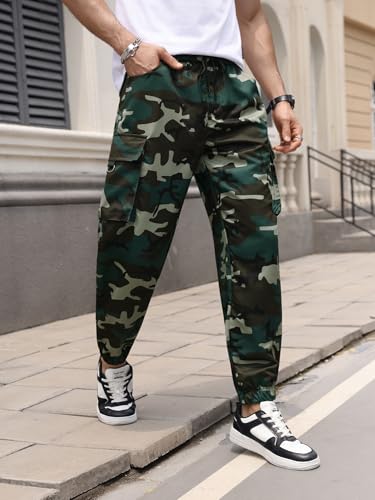 Calça cargo masculina de cintura alta com cordão e estampa camuflada, Verde militar, GG