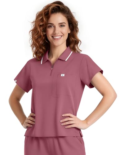 Meidiero Scrub Tops for Women - Zip Polo Collar Cropped Scrub Shirts with Chest Pocket, Soft Medical Uniform, Easy Care - Nude Pink M