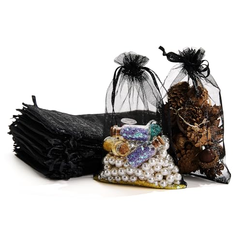Image of PACKINNO 100pcs Black Organza Bags, Sheer Organza Bags 4x6 Inch, Small Mesh Bag, Drawstring Gift Bags for Party, Candy, Christmas, Festival, Bathroom Soaps, Makeup, Jewelry