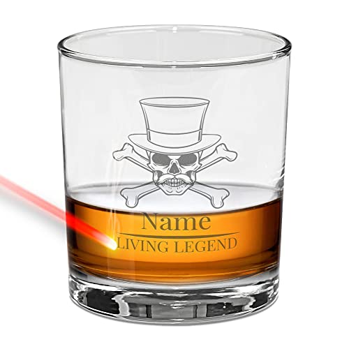 Whiskyglas mit Gravur selbst gestalten - Totenkopf Living Legend - mit Name personalisieren - Whisky Glas graviert Tumbler, Geschenk für Männer zum Geburtstag, Weihnachten | 315 ml, Gravur