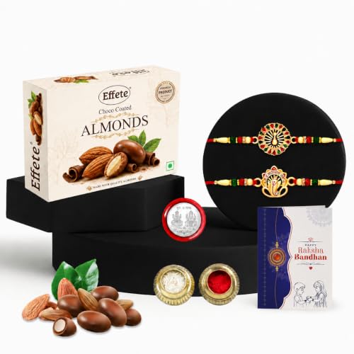 DeoDap Rakhi with Chocolate for Brother – Golden Color Stylish Rakhi 2 Pcs with Almond Chocolate (32g) with Silver Color Pooja Coin, Greeting Card & Tilak Set – Raksha Bandhan Pack (K2_544+543_CA32)
