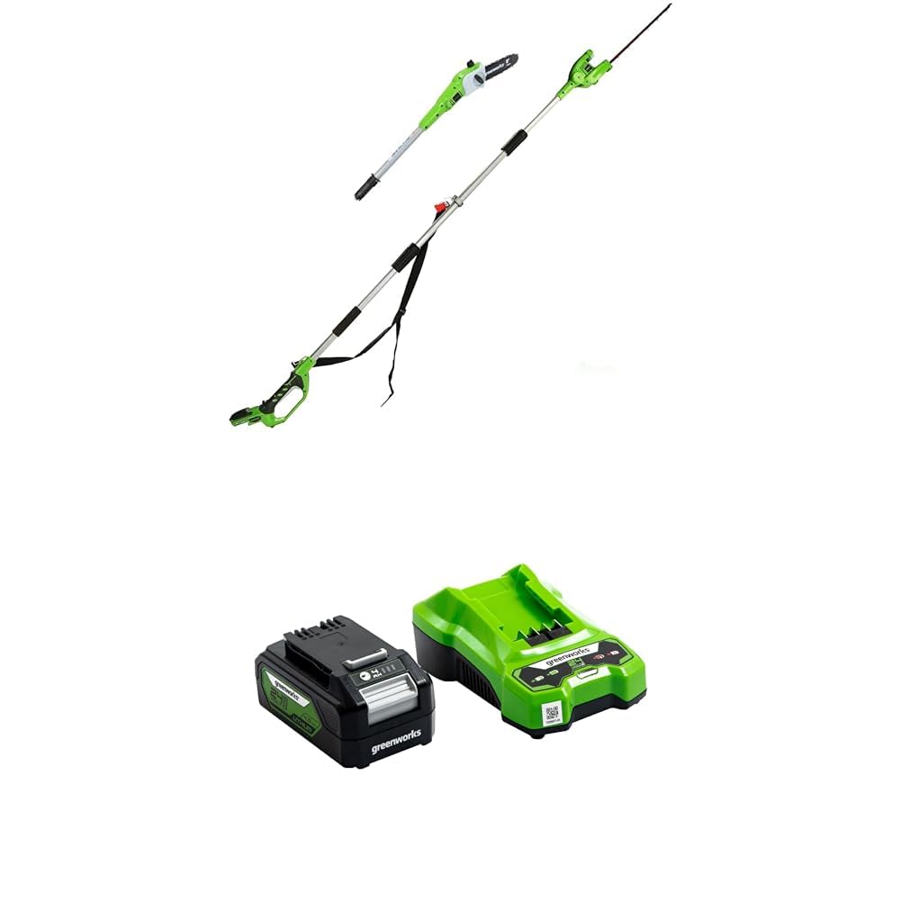 Greenworks 24V 2/1 Sierra y Cortasetos Pértiga a Batería, Correa Hombro, Barra Pértiga 20cm, Cortasetos 51cm, Cuchillas Doble Acción, Batería 4Ah y Cargador, 3 Años de Garantía G24PSHK2