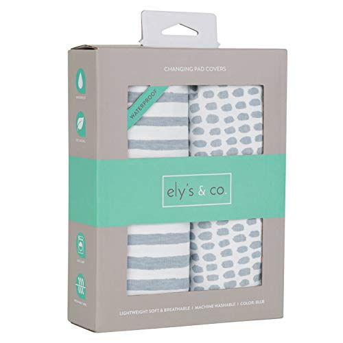 Image of Ely’s & Co. Patent Pending Waterproof Changing Pad Cover|Cradle Sheet 2-Pack Set for Baby Boy - 100% Cotton, Jersey Knit Cotton Sheets with Waterproof Lining — Misty Blue, Stripes and Splashes