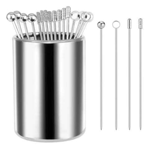 Cocktail Picks, 16Pcs Metal Martini Picks, Reusable Stainless Steel Drink Stick with Storage Cup, Bloody Mary Skewers for Appetizers Sandwiches, BBQ Snacks, Olives Fruits (16) Cover