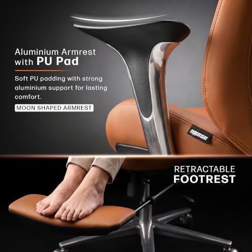 Image of DROGO Amara Ergonomic Office Chair for Work & Home- Luxury Semi-Silicone Leather, 5cm Seat Depth Adjustment, Curved Headrest, PU Aluminium Armrest, 135 Recline with 3 Lock Positions, Footrest (Tan)
