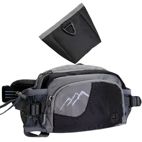 Hundetasche Bauchtasche mit Leckerli-Tasche & 2 Wasserflaschenhalter, Leichte Futterbeutel Hunde mit Kotbeutelspender, Gürteltasche Hüfttasche verstellbar, 2-in-1 für Gassi, Training, Wandern, Schwarz
