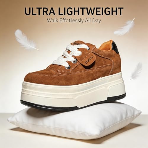 Image of Platform Sneakers For Women - (3 inch-3.5 inch )6cm Heel & 3cm Inner Lift, Comfortable Cushioned Arch Support, Non-Slip Casual Walking Shoes, Microfiber Leather Platform Shoes White Black Red Yellow