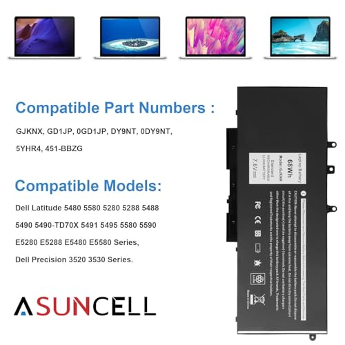 Image of GJKNX 68WH 7.6V Battery Replacement For Dell Latitude 5480 5580 5490 5491 5580 5590 5591 5280 5288 5488 5491 5495 E5480 E5580 E5490 E5590 Precision 3520 3530 Series GD1JP 0GD1JP DY9NT 5YHR4 451-BBZG