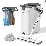 HoMettler 三槽式汚水分離フラットモップセット モップバケツセット 360°回転 スクレーパー付き 超細繊維モップパッド付き 手洗い不要 手が汚れない 床掃除 家庭用 4枚布と6枚布2セット付き (モップとバケツ4枚布セット)