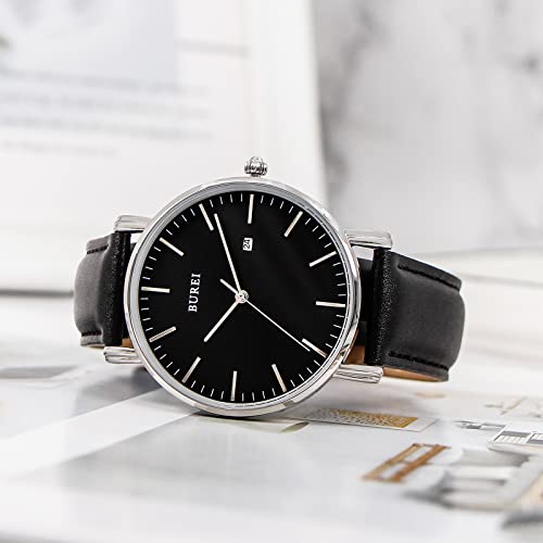 Image of BUREI Men's Fashion Minimalist Wrist Watch Analog Date with Leather Strap