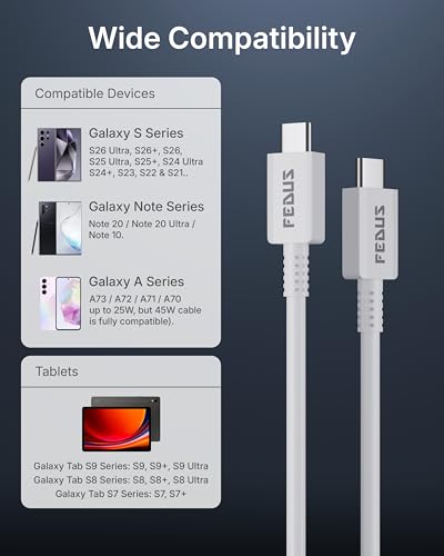 Image of FEDUS ZETTA-X8I 45W Type C to Type C Cable 1M, 5A PD PPS Super Fast Charging 2.0 Original for Samsung Galaxy S26 /S25 /S24 Ultra, iPhone 17 /16 /15 Pro, MacBook M4, 480Mbps Android Auto Data Sync Cord
