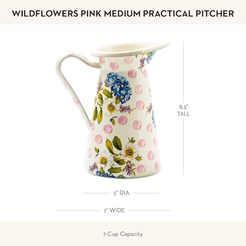 MACKENZIE-CHILDS-Practical-Enamel-Pitcher-with-Spout-Drink-Pitcher-for-Iced-Tea-or-Water-Flower-Vase-Medium-Pink-Wildflowers MACKENZIE CHILDS Practical Enamel Pitcher with Spout Drink Pitcher for Iced Tea or Water Flower Vase Medium Pink Wildflowers