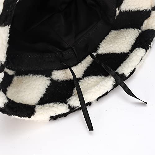 Winter Fur Bucket Hat Warm Lamb Wool Bucket Hat Sherpa Wide Fluffy Furry Checkerboard Bucket Hat #TOP5