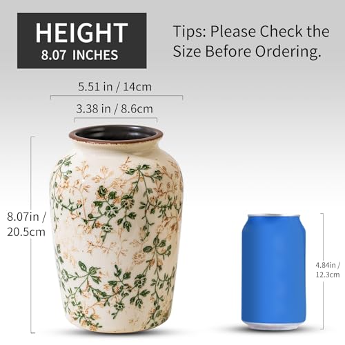 Image of Ceramic Flower Vase | Farmhouse Green Rustic Vase for Home Decor, Vintage Floral Pottery Tuscan Decorative Vase for Living Room & Kitchen, Mantel & Bookshelf, Centerpieces, Entryway, Wedding(7.8 Inch)