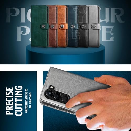 Image of WOW IMAGINE Shock Proof Flip Cover Back Case for 1+ OnePlus Nord CE 6 Lite 5G (Magnetic Button Flip Case | Wallet Pockets & Stand | Leather Finish | Stone Grey)