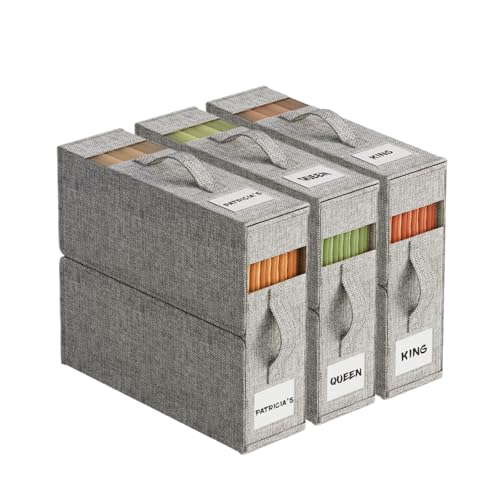 ActCosy 3Pack Sheet Organizers and Storage with Handles – Foldable Linen Closet Storage for King & Queen Sheet Sets – Clear Window & Removable Labels – Dustproof & Space-Saving Design, Grey