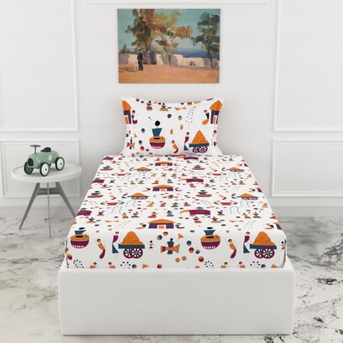 Image of LORETO - A QUALITY LINEN BRAND 186 TC 100% Pure Cotton Single Fitted Bedsheet with 1 Pillow Cover for 78 x 36 Inch Mattress, All-Around Elastic, 8 Inch Deep Pocket, Tribal Motifs