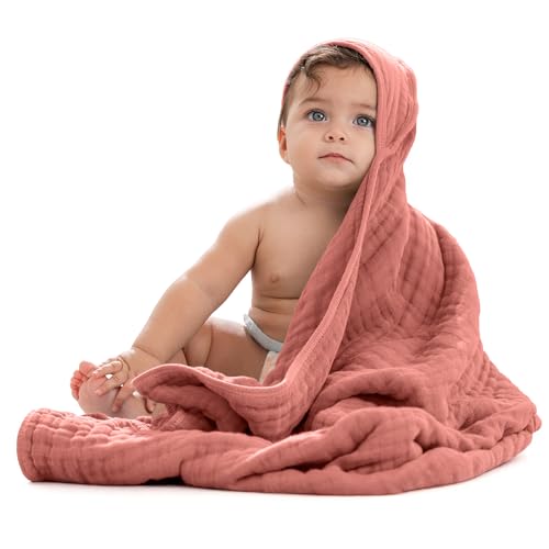 Image of Comfy Cubs Hooded Baby Towel 1-Pack, Large 32 x 32 Inch - 6 Layer 100% Muslin Cotton for Babies, Toddlers and Kids - Soft & Absorbent Baby Bath Towels - Unisex Design for Bath Time - Dusty Rose