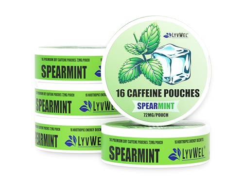Image of LyvWel 72mg Caffeine Energy Pouches - Spearmint - Refreshing Mint Energy with Guarana - 5-Pack (80 Total Pouches)
