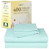California Design Den Natural 100% Cotton Sheets, Soft Queen Sheet Set, 400 Thread Count Sateen, Deep Pockets with All-Around Elastic for a Snug Fit, Cool & Durable Bedding Set - Seafoam
