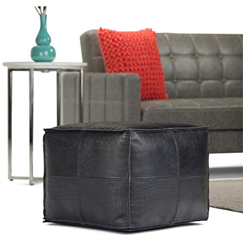 Trent Home Boho Square Pouf in Black Genuine Leather