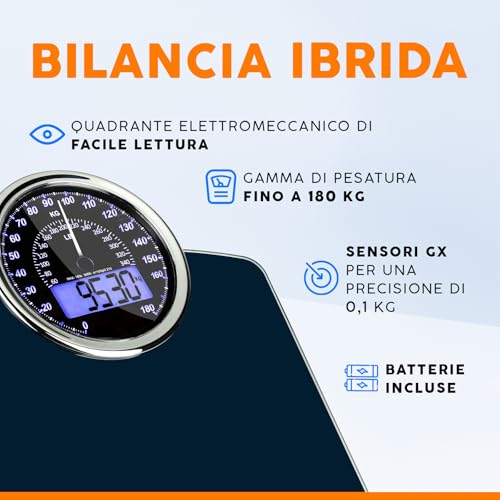 Zeno Bilancia Pesapersone Ibrida - Nuovo - Digitale & Analogica 2-In-1 - Fino A 180 Kg - Ampio Display Con Retroilluminazione - Robusto Vetro Temperato - Lettura Facile - Blu Scuro - 2
