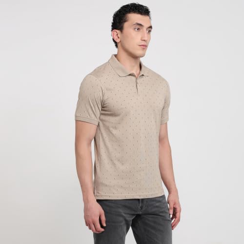 Image of Raymond Men Modern Fit Print Pattern Pure Cotton Polo Neck Half Sleeve Casual T-Shirt