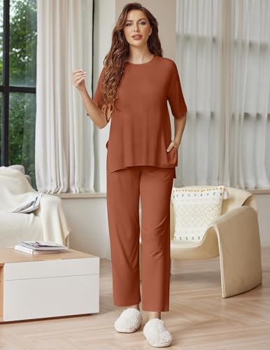 Image of Ekouaer Lounge Sets for Women Short Sleeve Tops and Long Pants Soft Comfy Pajamas Set 2 Piece Outfits