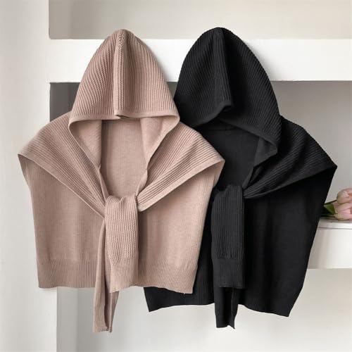 Women's Casual Knitted Shawl Wraps Hooded Knotted Scarf Detachable Fake Collar Stoles Travel Cape Shoulder Tops3