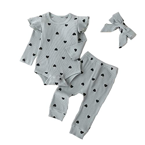 Marendyee Conjunto de ropa de bebé recién nacido, 3 piezas, estampado de volantes, manga larga, body + pantalones + diadema para bebé, Azul-A02385, 18 meses Cover