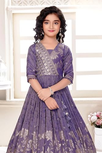 Image of White Button Girls Banaras Weaving Simar Jacquard Gown | Royal Ethnic Long Maxi Dress
