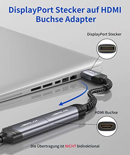 JSAUX DisplayPort auf HDMI Adapter 4K@ 30Hz Vergoldeter DP Stecker zu HDMI Buchse Konverter Nylon geflochten kompatibel mit HP, HDTV, ThinkPad, Monitor, Projektor, Desktop usw - Grau