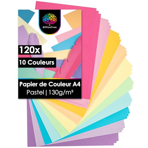 OfficeTree 120x Papier Pastel A4 10 Couleurs - Feuille de Couleur A4 pour Bricoler, Plier & Imprimer