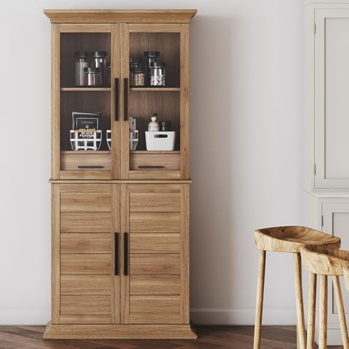 BELLEZE 72" High Storage Cabinet with Adjustable Shelves and Drawers, Freestanding Cabinet with Ample Storage Space for Kitchen, Dining & Living Room