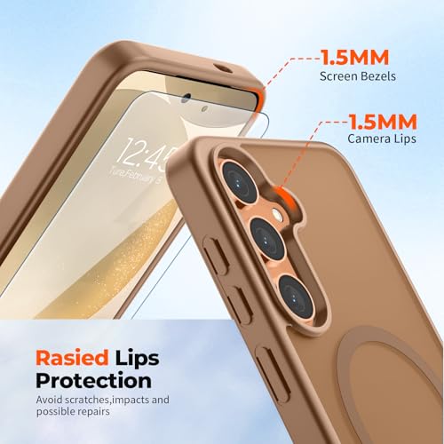 Image of SUPFINE Magnetic for Samsung Galaxy S24 Case / S25 Case with Screen Protector, (Built-in Magnets) (Military Grade Drop Protection) Slim Translucent Shockproof Phone Case,Brown