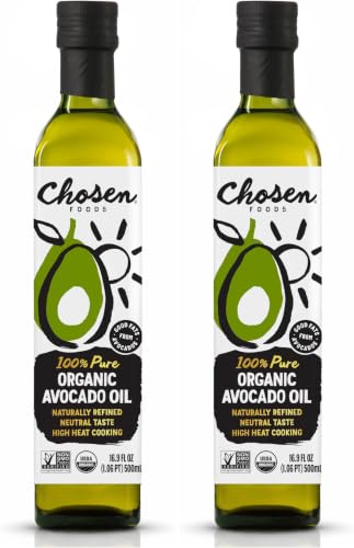 Chosen Foods Organic Avocado Oil, 16.9 Fl Oz - All Purpose Cooking Oil made from 100% Pure Avocados - Non-GMO, Gluten-Free, Keto Friendly, Glyphosate Free - 500mL (Pack Of 2)