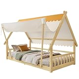 vutizal Kinderbett 90x200 Holzbett mit Zelt, Sicherheitsgeländer, Stabilem Lattenrost, Kiefer Sperrholz, Natur – Hausbett & Hochbett Design