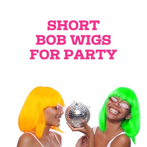 Image of LIULIUBTY Short Bob Hair Wigs Straight with Flat Bangs Synthetic Colorful Cosplay Daily Party Neon Wig for Women with Wig Cap 12 inch Natural As Real (Yellow)