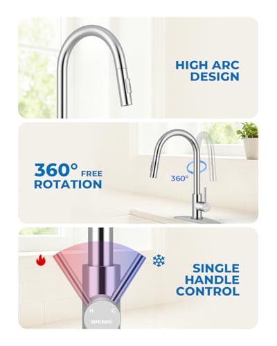 Image of WEWE Kitchen Faucet with Pull Down Sprayer, Polished Chrome SUS304 Stainless Steel Kitchen Sink Faucets, High Arc Single Handle Faucet for Kitchen Sink, Commercial Modern Farmhouse RV Utility Faucet