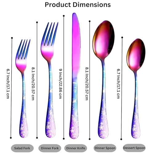 Image of aDai Rainbow Silverware Set | Satin Finish 5-Piece Flatware Set with Unique Floral Printed Handle | Dishwasher Safe Stainless Steel Cutlery for Home, Restaurant & Gifting