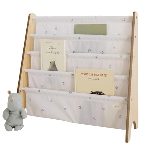 Image of 3 Sprouts Recycled Fabric Kids Bookshelf – 4-Tier Sling Book Rack Storage - Kids Room Book Shelves, Nursery, Playroom, Classroom - Bookcase Display Shelf for Toddler, Children Age 3+ - Blueberry Ivory