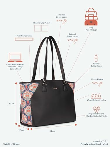 Image of ZOUK Printed Jute Handcrafted Vegan Leather Black Women's Check-point Friendly Classic Business Bag