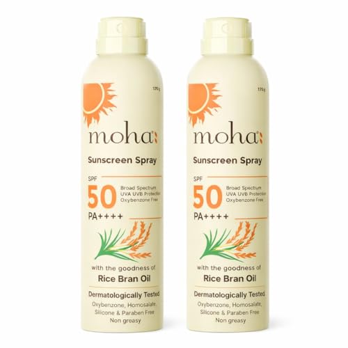 Image of Moha Sunscreen Spray SPF 50 PA++++ | Broad Spectrum UVA /UVB & Blue Light Protection | Lightweight, Non-Sticky, Non-Comedogenic & Alcohol-Free SPF Spray | With US & EU Grade Ingredients | For Teens, Women, Men, Oily & Dry Skin | Pollution Defence, Water & Sweat Resistant, No White Cast, With Rice Bran Oil - 170g (Packof 2)