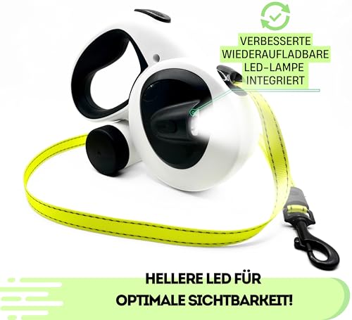 Snuggle Paws Hundeleine 5m Ausziehbar – Alles-in-Einem: Verbesserter LED-Lampe, Kotbeutelspender, Anti-Kau-Stahlseil & Reflektierendem Gurtband | Rollleine für Große Hunde bis 50kg