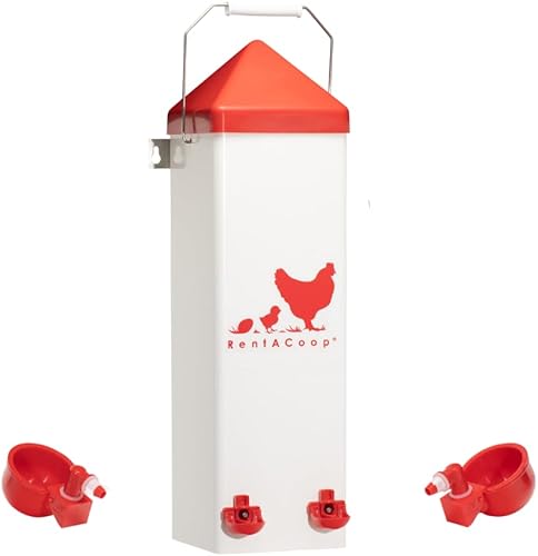 RentACoop Bebedero para pollos de 2 galones con tazas de llenado automático, pezones horizontales, cono anti-gallina y kit de montaje, adecuado para