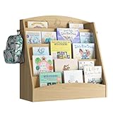 Kinder Bücherregal mit 5 offenen Fächern und Haken, Kinderregal Holz, Montessori Aufbewahrungsregal für Kinderzimmer, 80x30x75cm (Natur)