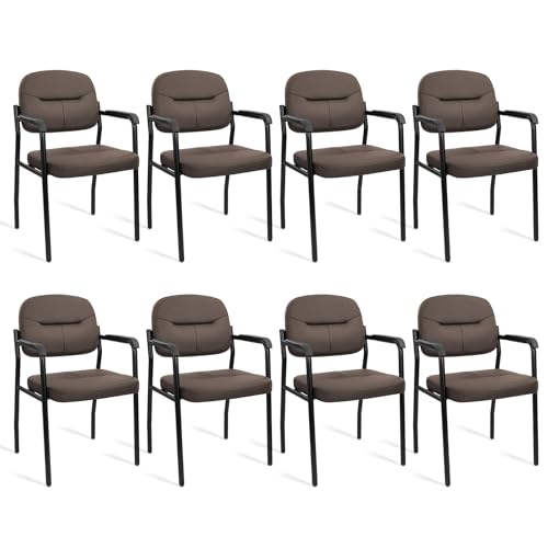 Image of CLATINA Leather Office Guest Chair Sets of 8, Reception Chair No Wheels with Armrests and Lumber Support, Ergonomic Desk Armchair for Meeting Waiting Conference Lobby Room Shool Study, Brown