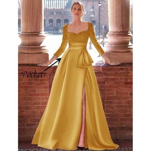 Long Sleeve Ball Gown for Women Sweetheart Satin Prom Dress Long Slit Sequin Formal Evening Gown Corset3