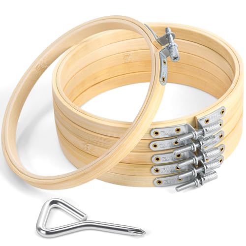 Caydo 6 Pieces 5 Inch Embroidery Hoop with Metal Screw Round Embroidery Hoops Set Adjustable Bamboo Cross Stitch Hoop Ring Embroidery Frames for Art Craft Sewing Home Ornaments